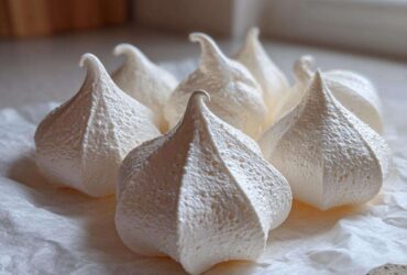Close-up of several perfectly piped, crisp white meringue cookies resting on parchment paper.