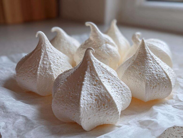 Close-up of several perfectly piped, crisp white meringue cookies resting on parchment paper.