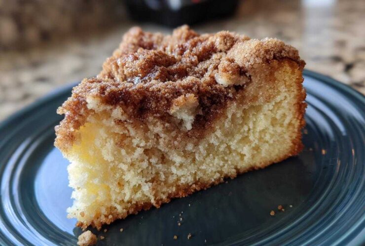 A close-up of a moist slice of coffee cake featuring a thick, sugary cinnamon crumb topping.