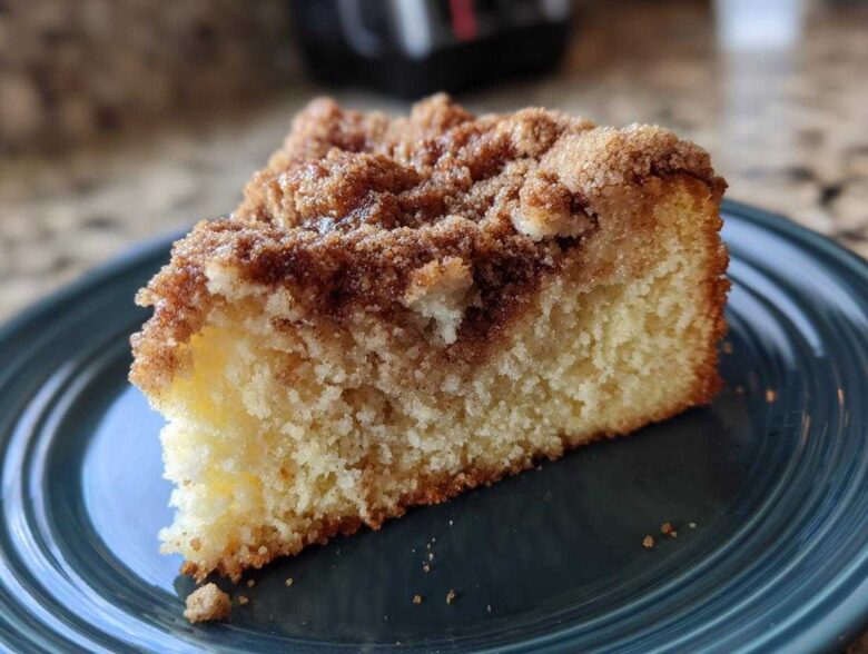 A close-up of a moist slice of coffee cake featuring a thick, sugary cinnamon crumb topping.