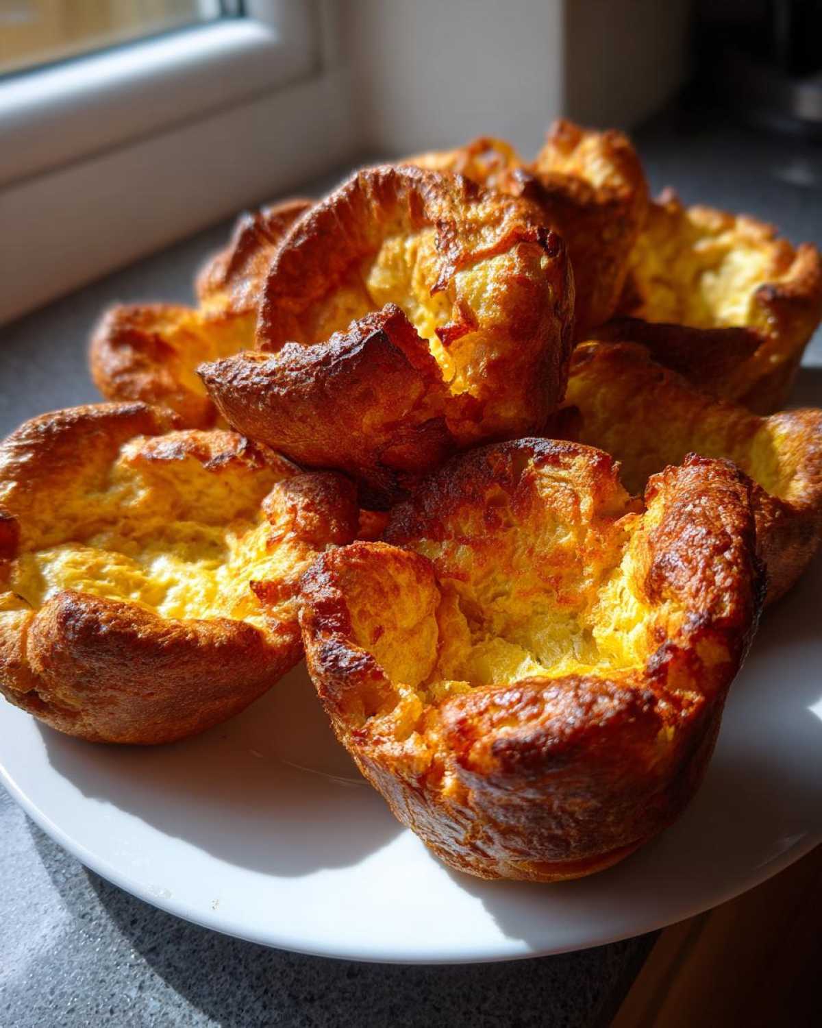 A pile of golden brown, tall yorkshire pudding towers resting on a white plate near a window.
