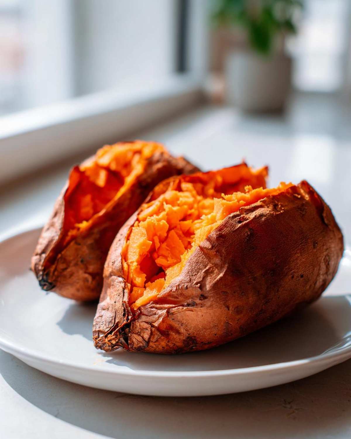 Two perfectly cooked baked sweet potato halves with bright orange, fluffy insides on a white plate.
