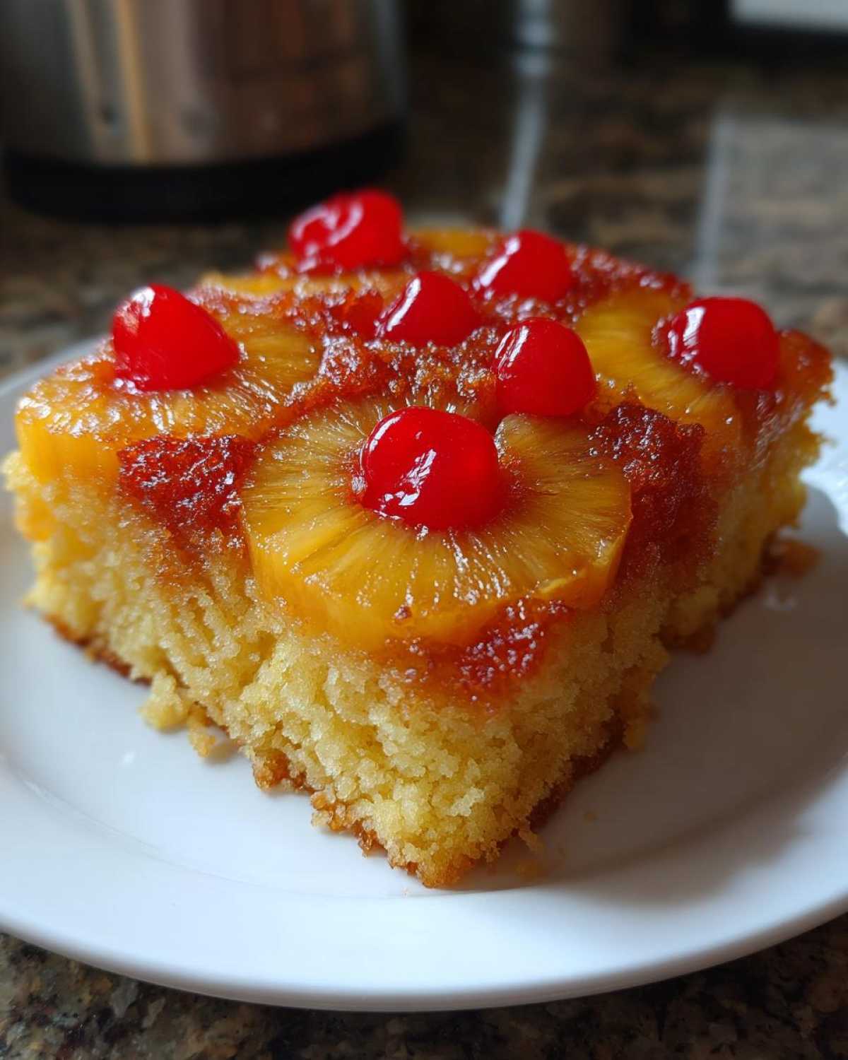 A moist slice of pineapple upside down cake topped with caramelized pineapple rings and bright red maraschino cherries.