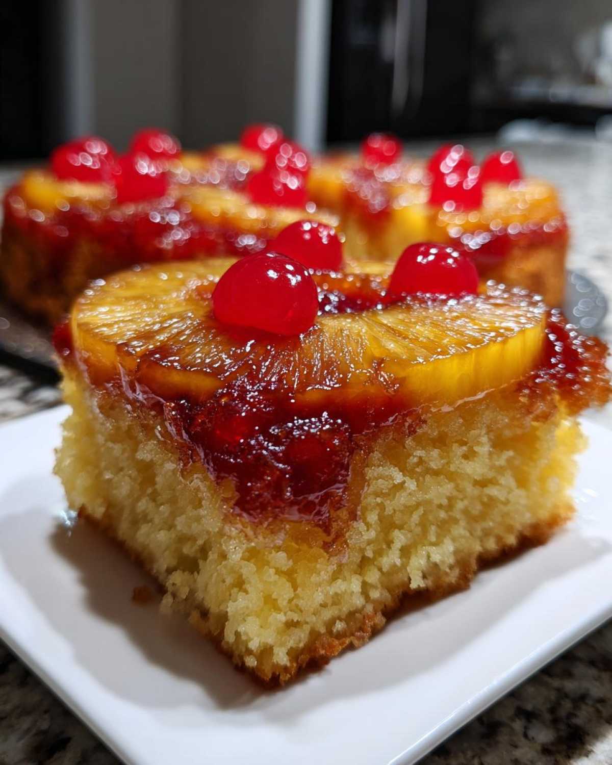 Close-up of a moist slice of pineapple upside down cake topped with caramelized pineapple and maraschino cherries.