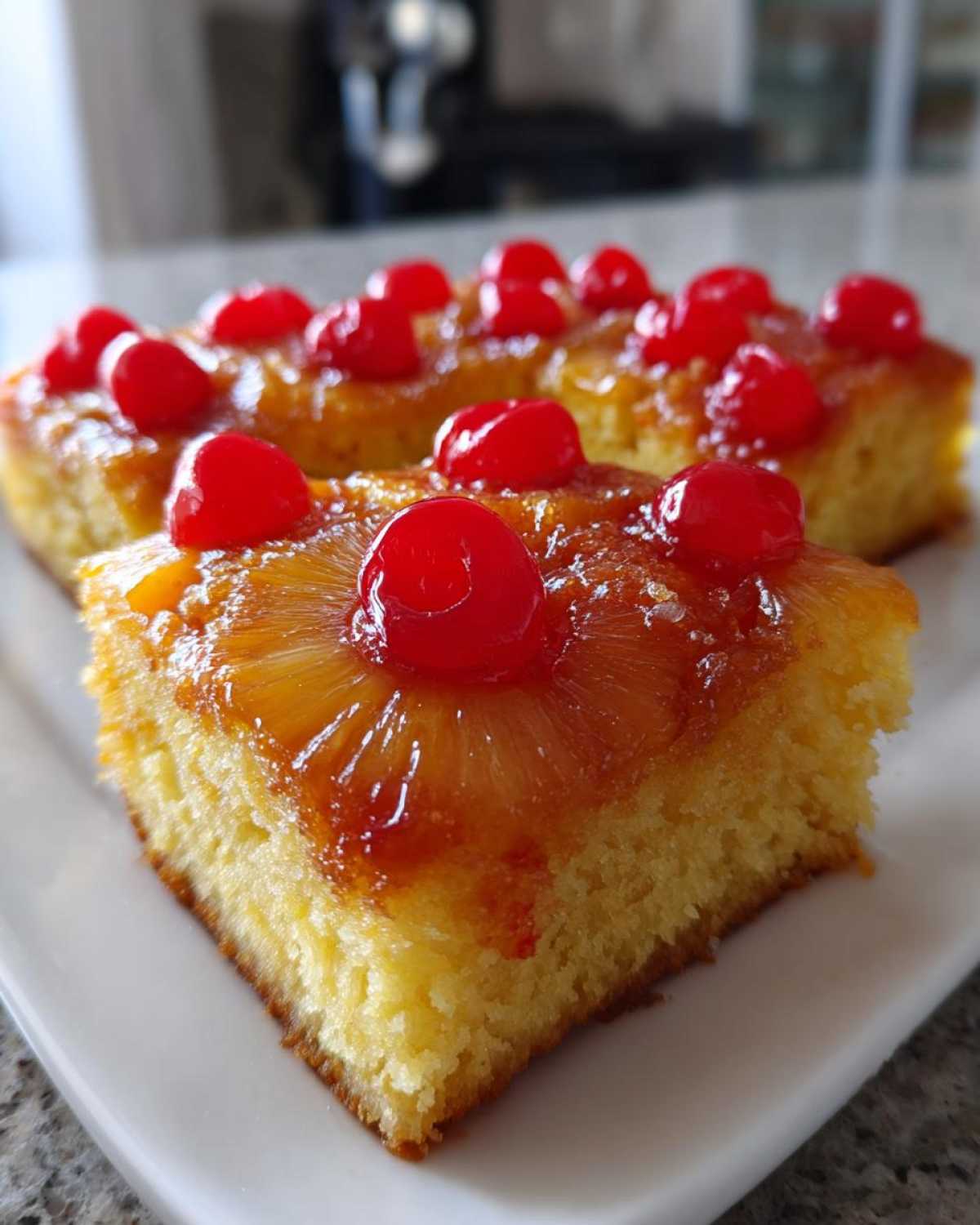 Close-up of moist slices of pineapple upside down cake topped with caramelized pineapple rings and bright red maraschino cherries.