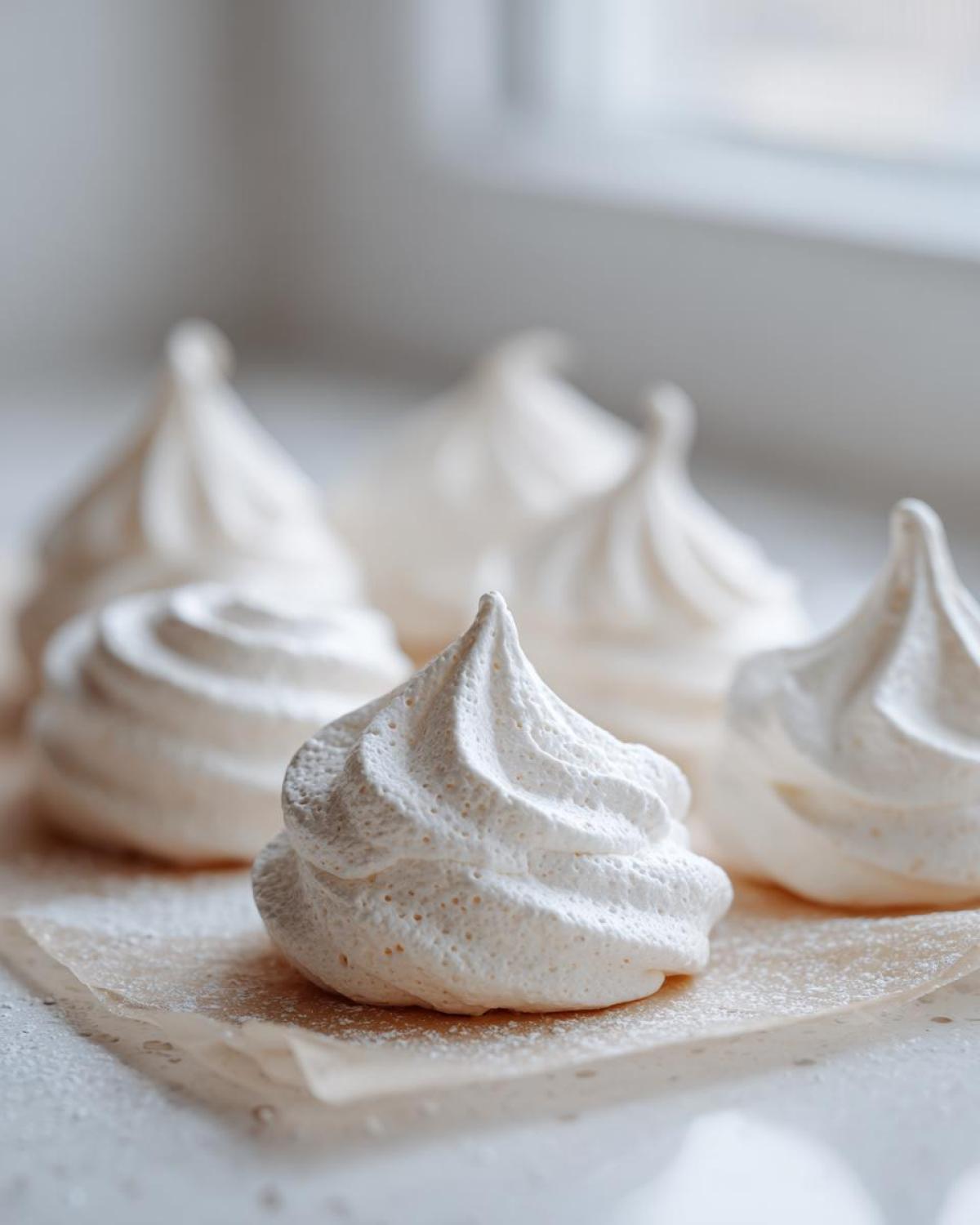 Close-up of perfectly piped, white meringue cookies resting on light brown parchment paper.