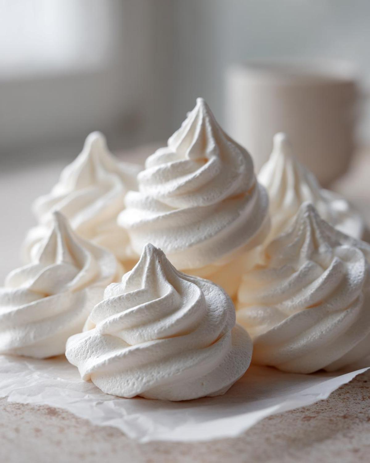 Close-up of several perfectly piped, white meringue cookies resting on parchment paper.