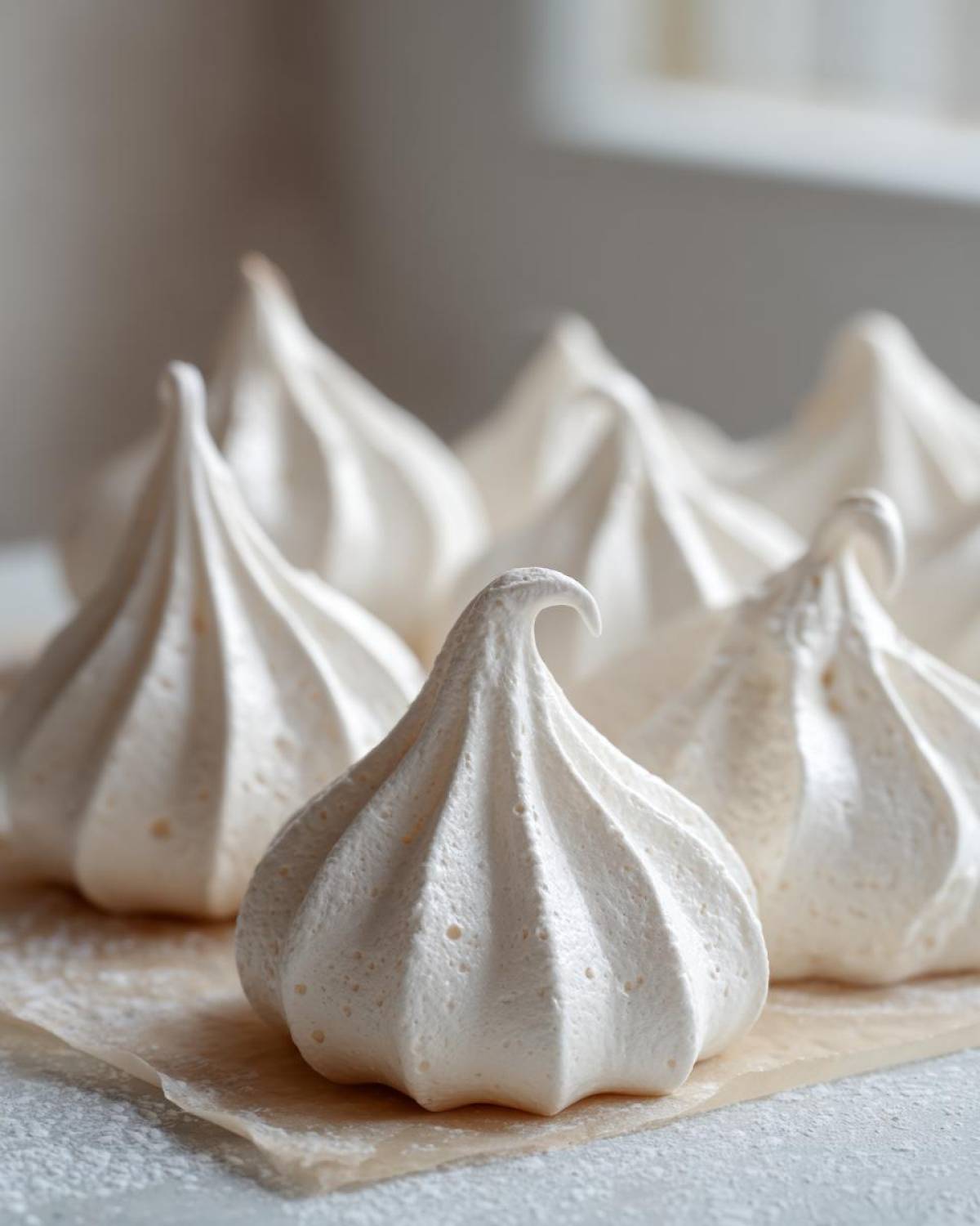 Close-up of several perfectly piped, white meringue cookies resting on parchment paper.