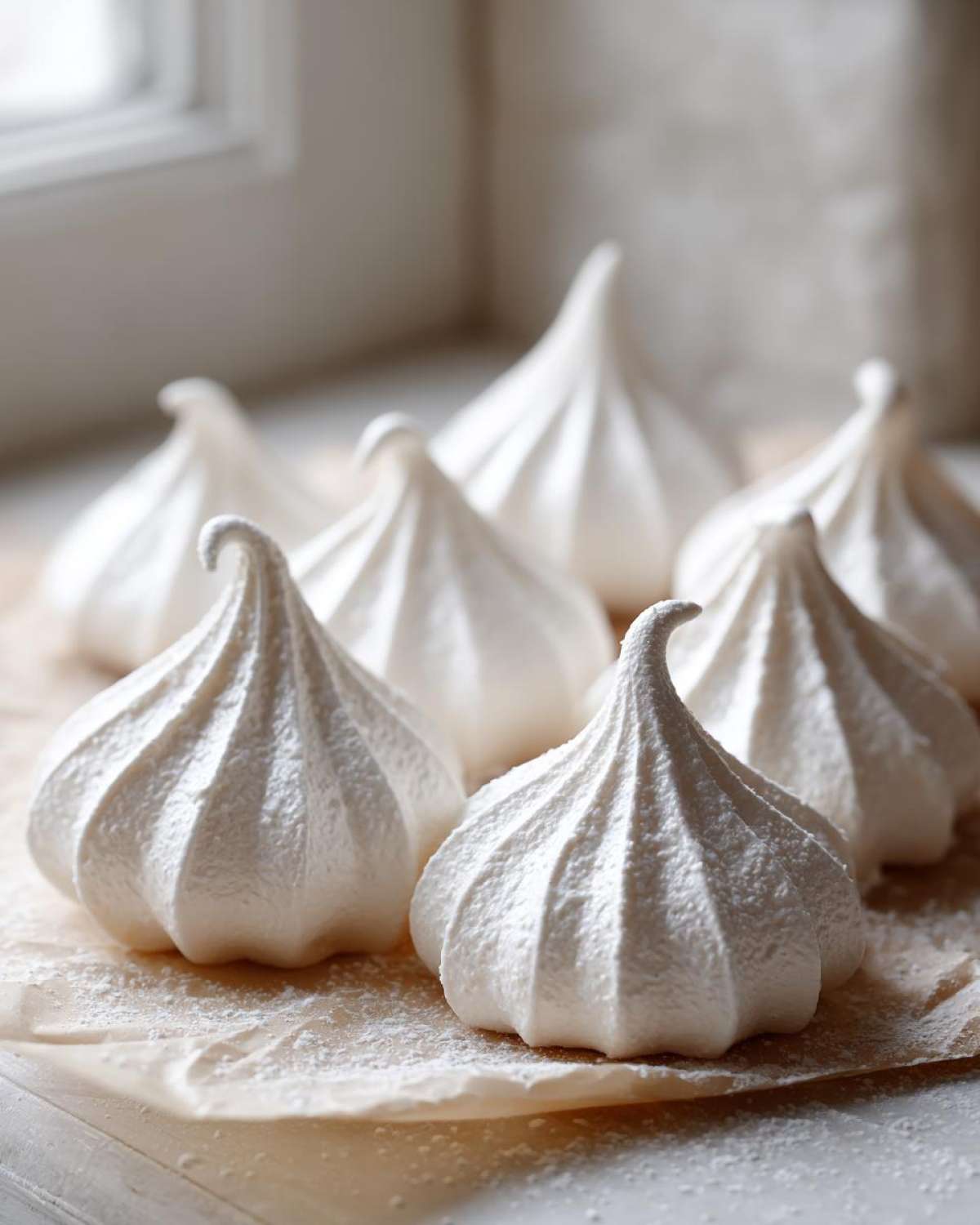 Close-up of several perfectly piped, white meringue cookies dusted with powdered sugar on parchment paper.