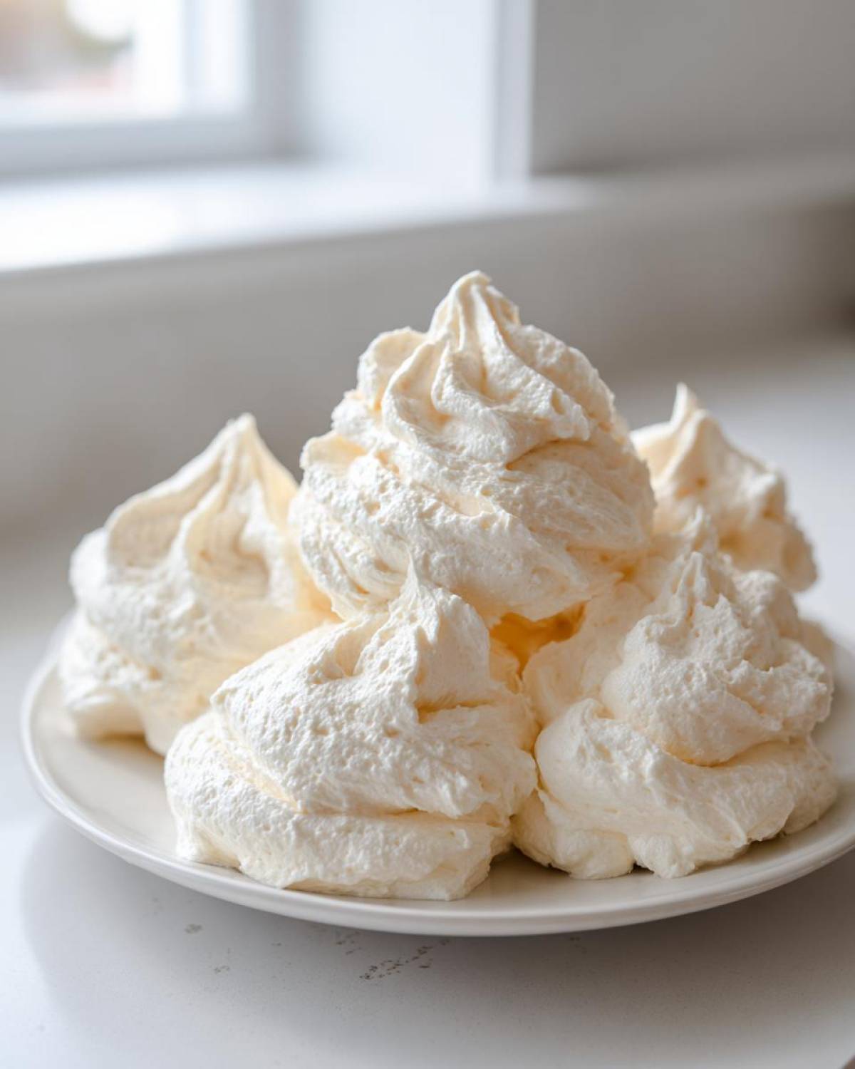 Close-up of several perfectly piped swirls of light, fluffy vanilla buttercream frosting piled on a white plate.