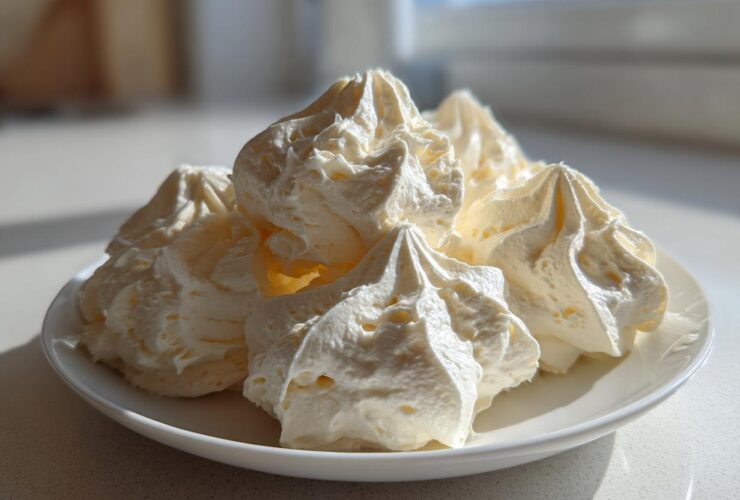 Close-up of piped swirls of light yellow vanilla buttercream frosting served on a white plate.