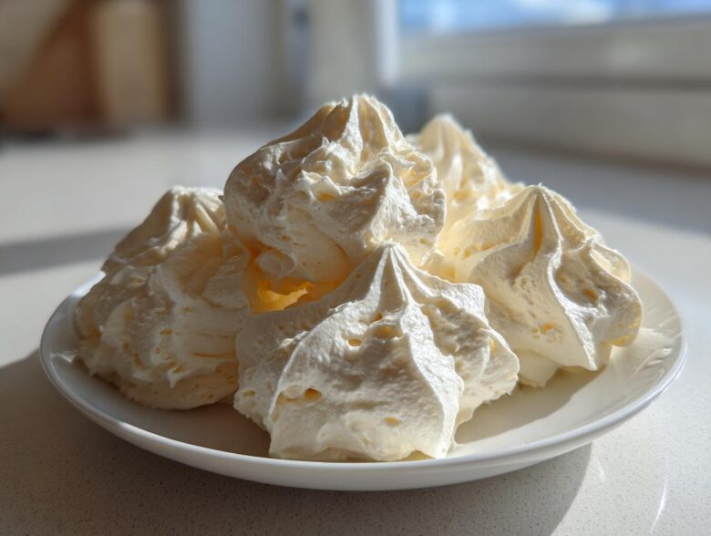 Close-up of piped swirls of light yellow vanilla buttercream frosting served on a white plate.