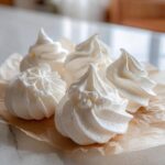 Close-up of several perfectly piped white meringue cookies resting on brown parchment paper.