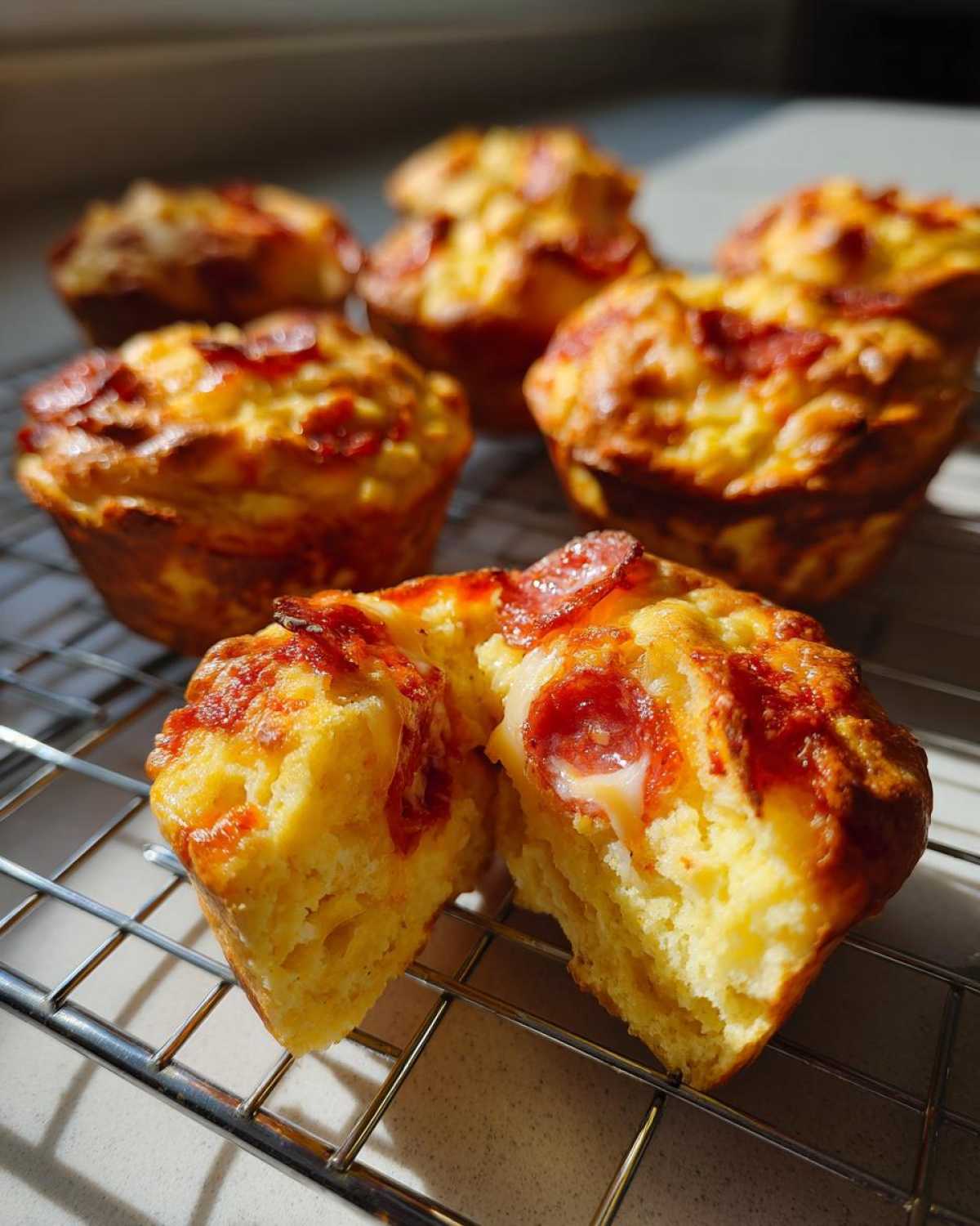 A close-up of one of the pizza muffins broken in half, showing the cheesy interior, surrounded by other golden-brown pizza muffins.