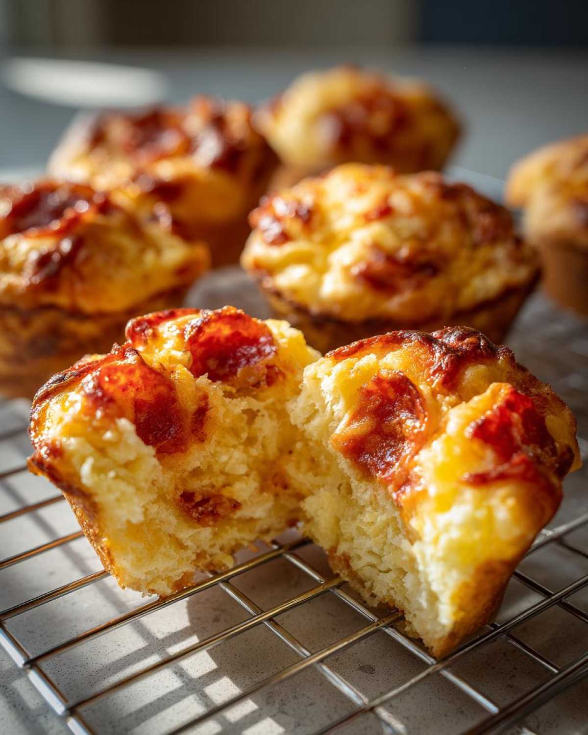One of the amazing pizza muffins is cut in half, showing the fluffy interior and pepperoni topping.