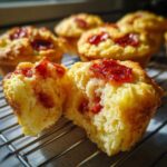 A close-up view of one of the pizza muffins cut in half, revealing the soft interior and savory filling, with more pizza muffins cooling behind it.