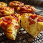 A pizza muffin is split in half showing the fluffy interior, topped with melted cheese and pepperoni, alongside other pizza muffins.
