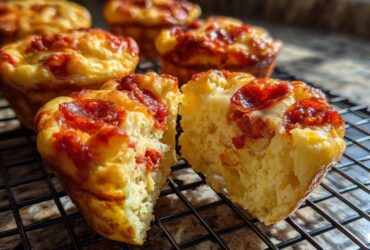 A pizza muffin is split in half showing the fluffy interior, topped with melted cheese and pepperoni, alongside other pizza muffins.