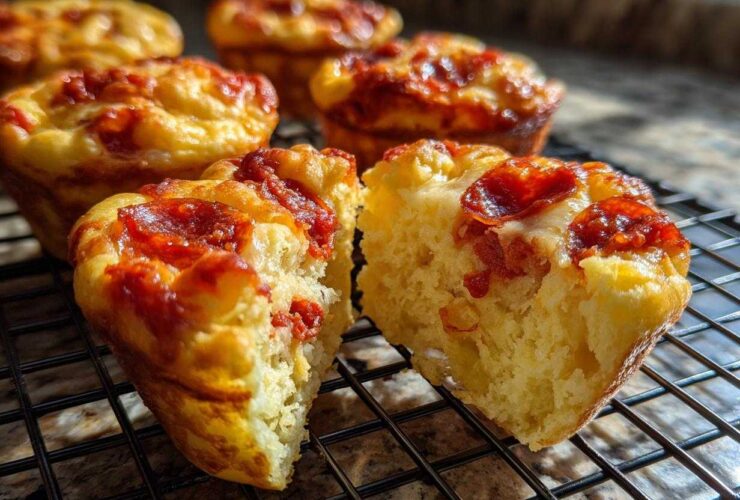 A pizza muffin is split in half showing the fluffy interior, topped with melted cheese and pepperoni, alongside other pizza muffins.