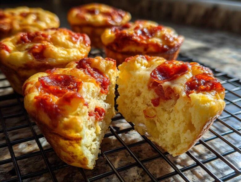 A pizza muffin is split in half showing the fluffy interior, topped with melted cheese and pepperoni, alongside other pizza muffins.