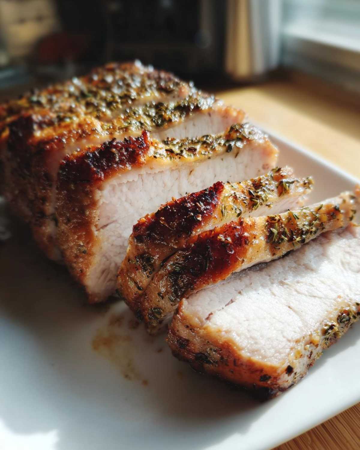 Close-up of a perfectly cooked pork loin roast, sliced to show juicy white meat and a golden, herb-crusted exterior.