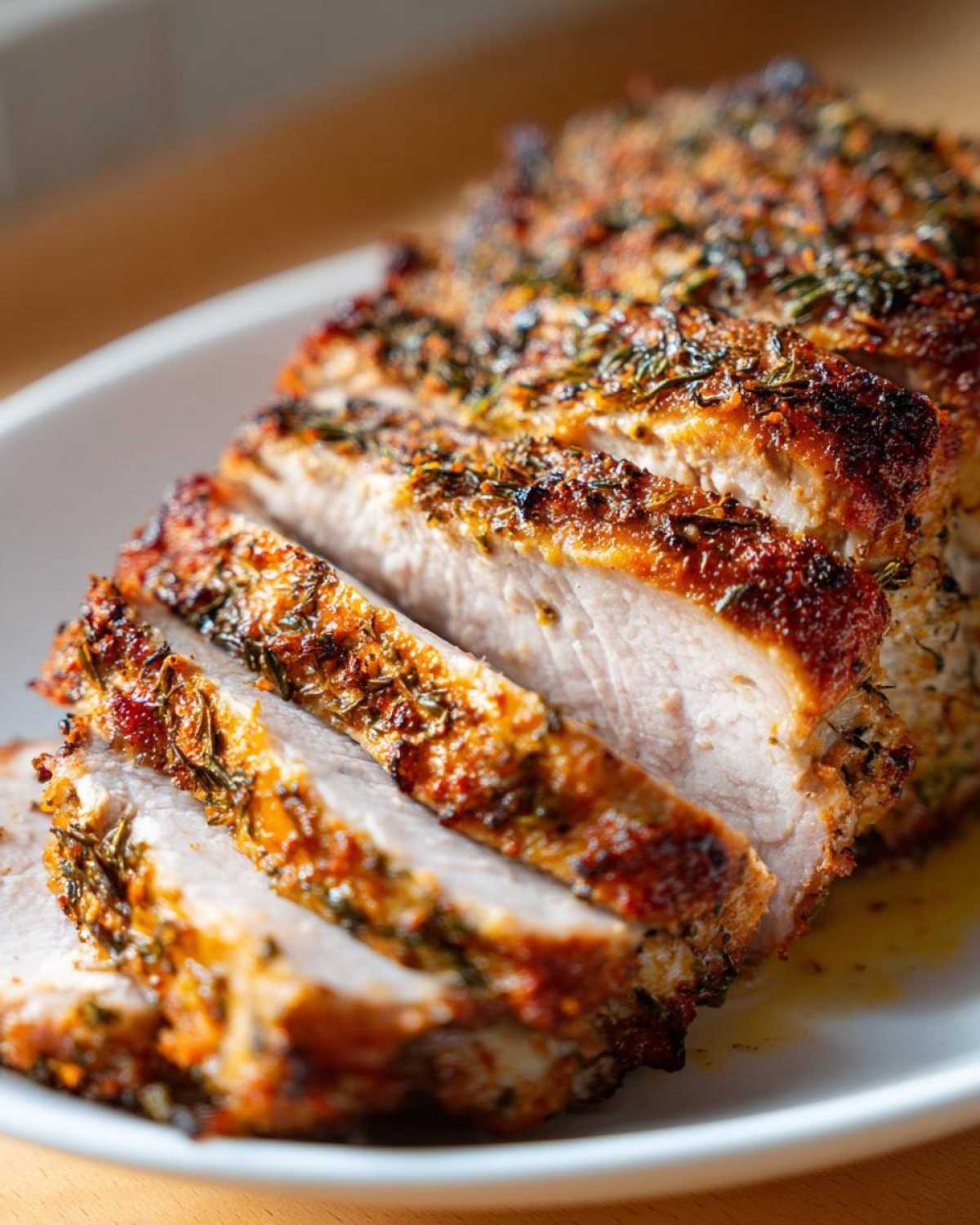 Close-up of a perfectly cooked pork loin roast, sliced to show the juicy interior and herb crust.