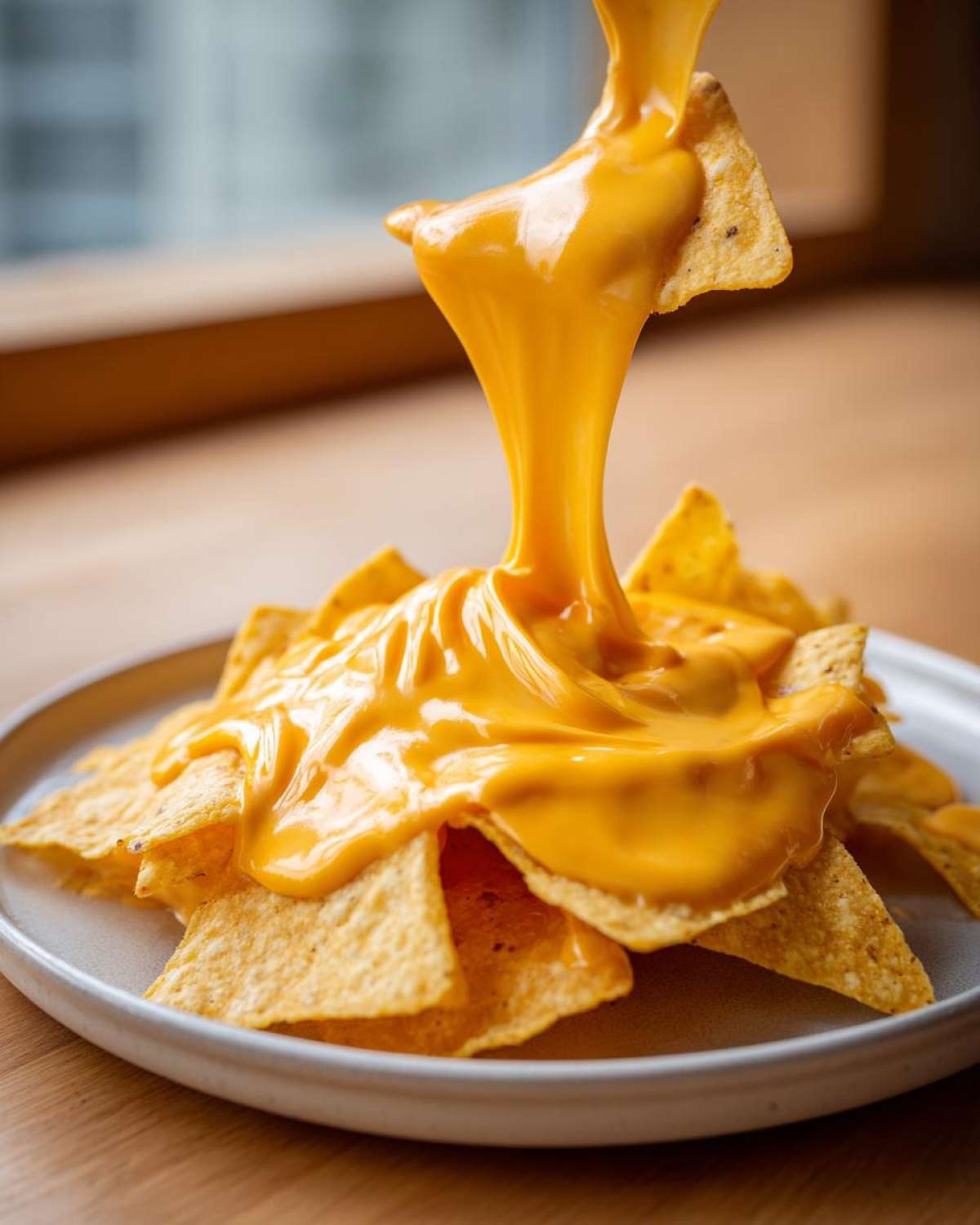 A stream of thick, bright orange nacho cheese sauce being poured over a pile of tortilla chips on a plate.