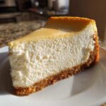 A thick slice of creamy Protein Cheesecake with a graham cracker crust, served on a white plate.