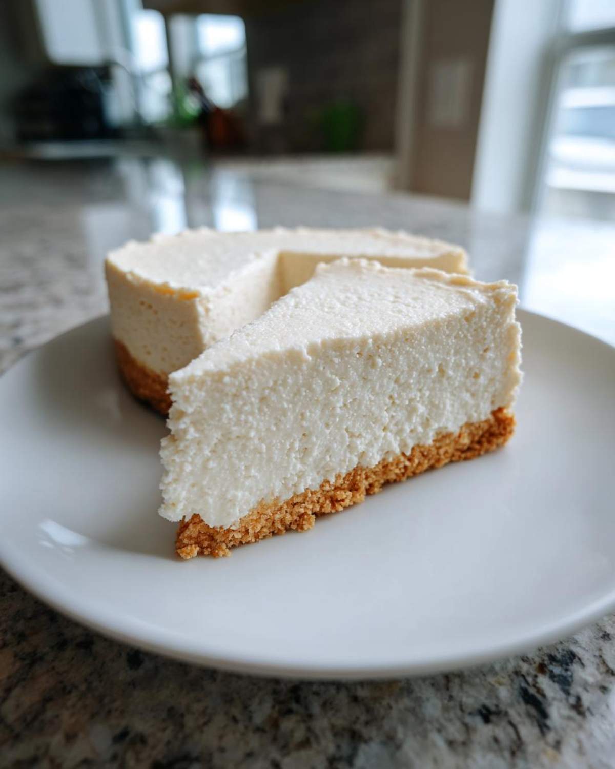 A thick slice of creamy white Protein Cheesecake with a graham cracker crust, served on a white plate.