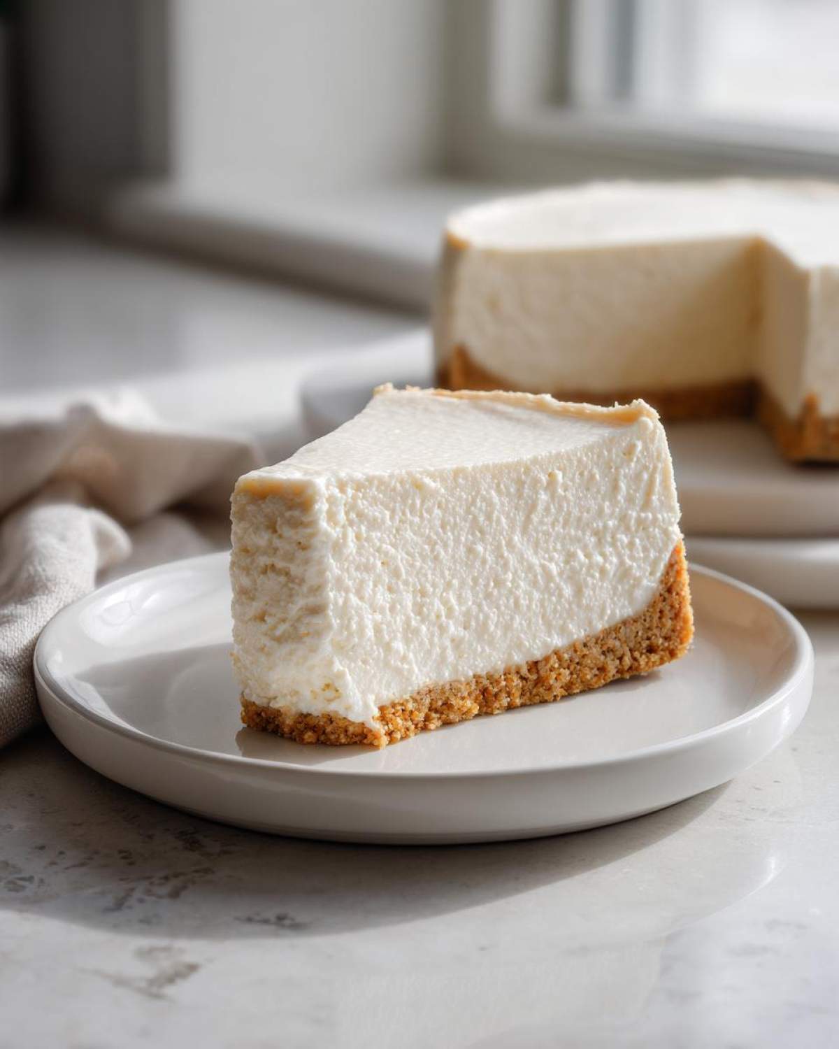 A perfect slice of creamy Protein Cheesecake with a thick graham cracker crust sits on a white plate.
