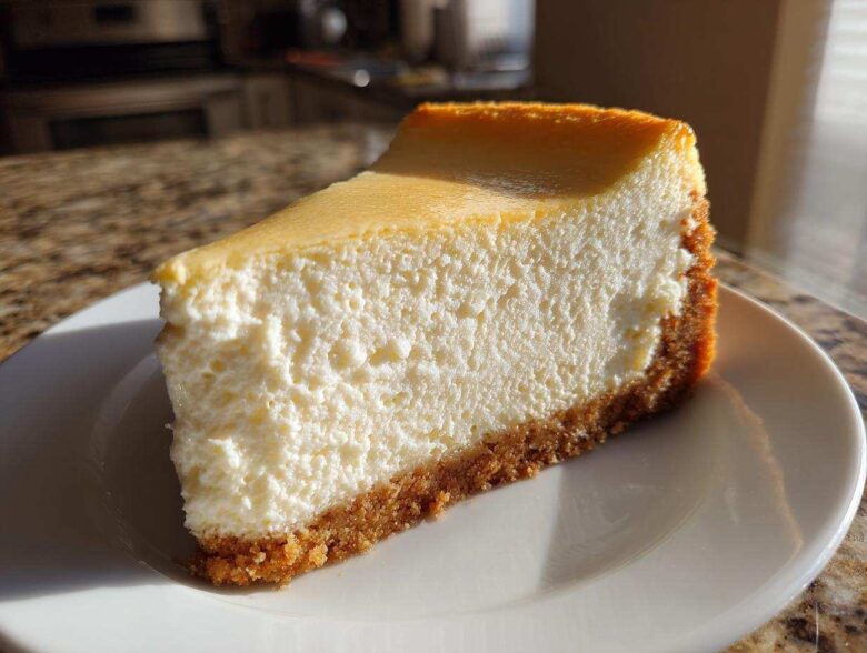 A thick slice of creamy Protein Cheesecake with a graham cracker crust, served on a white plate.