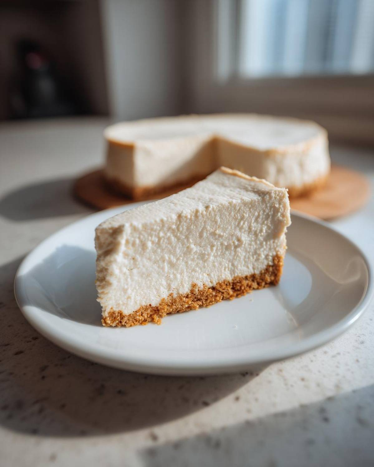 A thick slice of creamy Protein Cheesecake with a graham cracker crust sits on a white plate, with the rest of the cake blurred behind it.