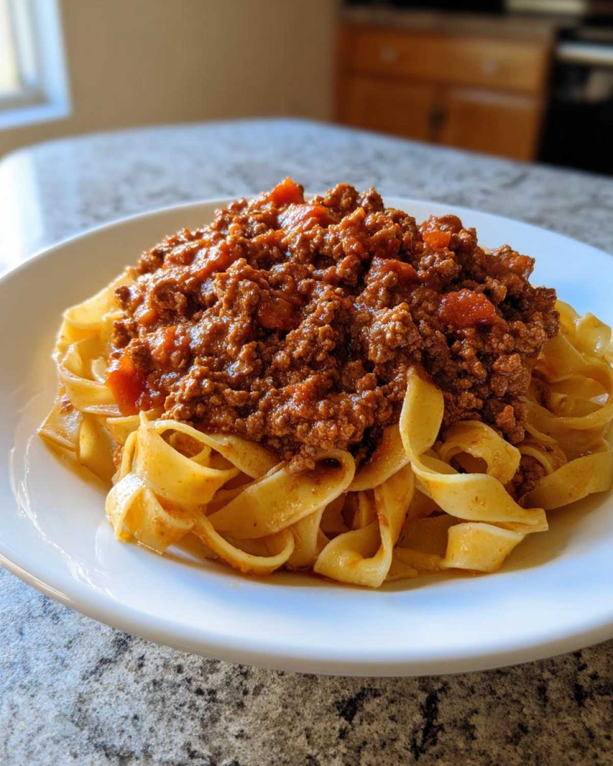 A close-up of rich, meaty bolognese sauce generously spooned over a bed of wide, fresh tagliatelle pasta on a white plate.
