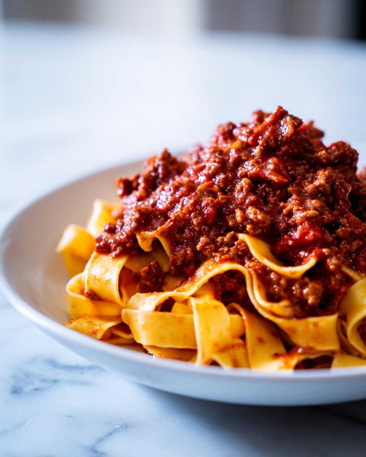 Close-up of thick, rich bolognese sauce generously topping wide ribbons of fresh pasta in a white bowl.