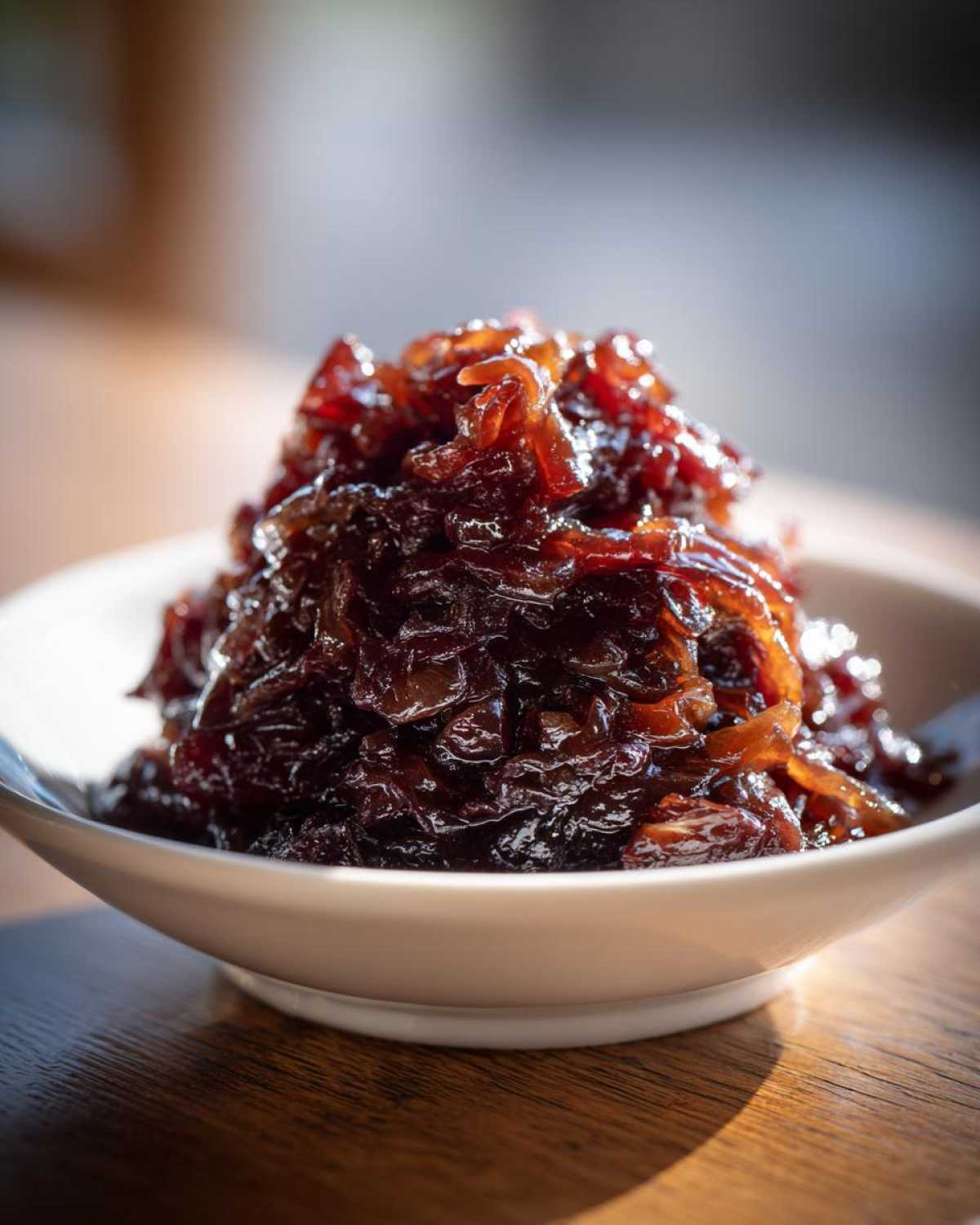A close-up of deeply browned, glossy caramelized onions piled high in a small white bowl.
