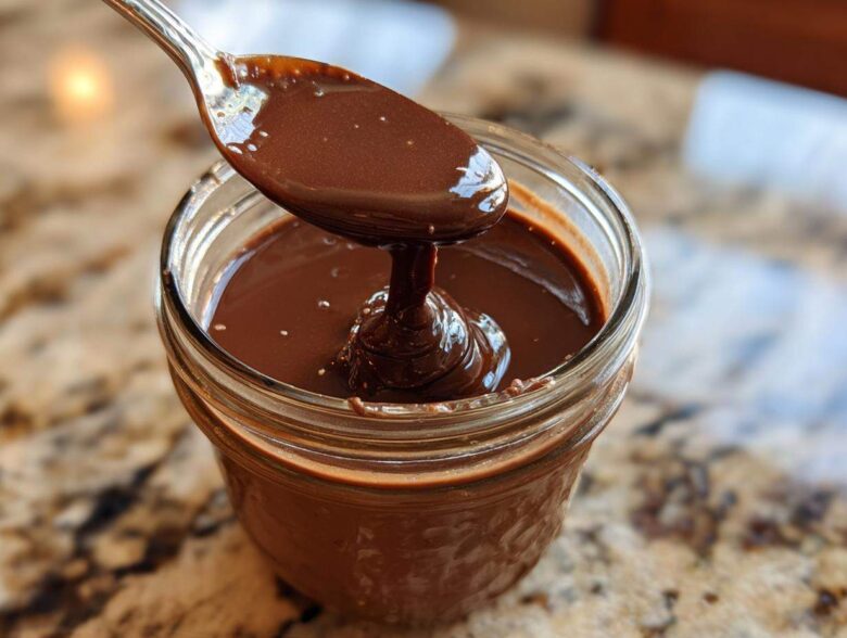 A spoon dripping thick, glossy chocolate sauce into a glass jar, perfect for chocolate overnight oats.