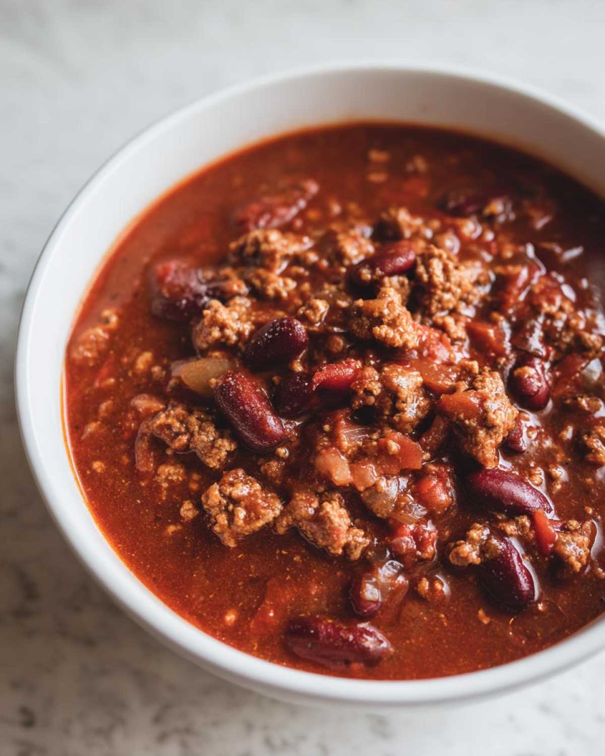 Close-up of a hearty bowl of rich, red crockpot chili featuring ground beef and kidney beans.