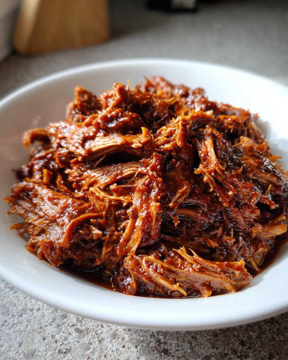 Close-up of tender, shredded Slow Cooker Pulled Pork coated in a rich, dark barbecue sauce in a white bowl.