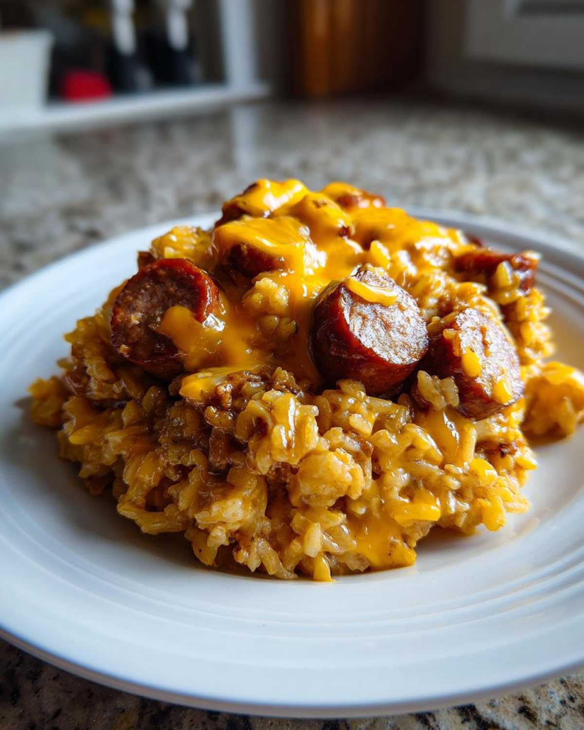 A serving of cheesy sausage and rice topped with melted cheddar cheese on a white plate.