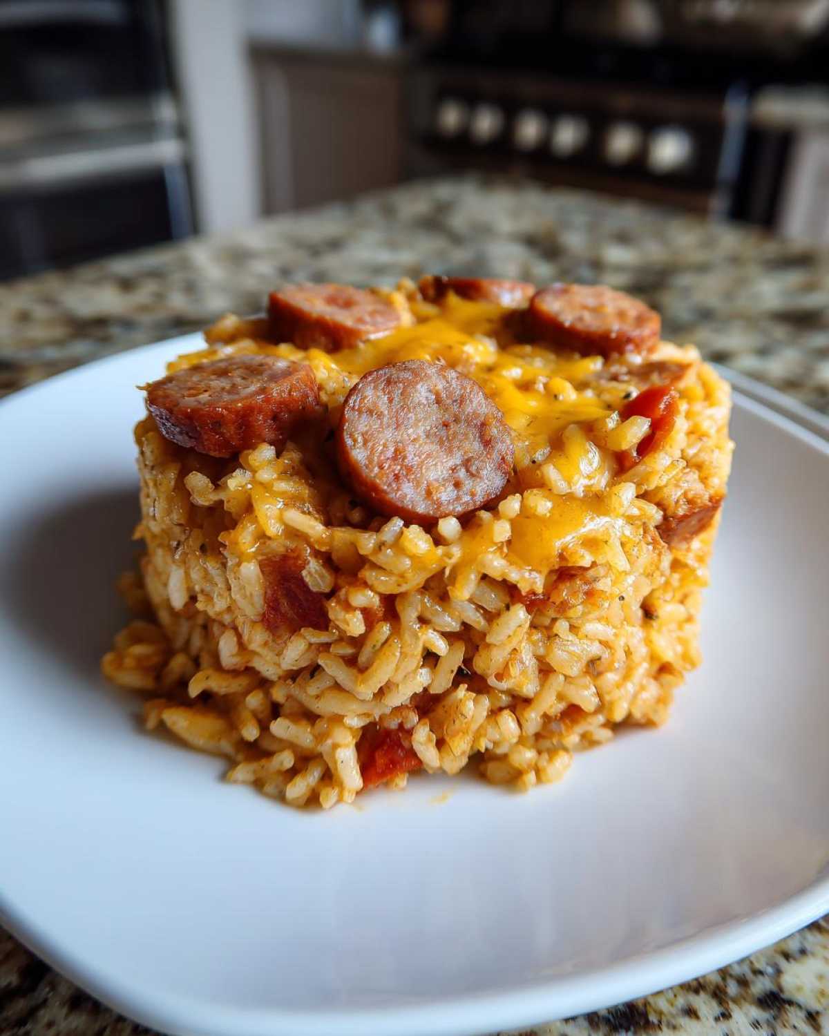 A molded serving of savory sausage and rice topped with melted cheddar cheese and sliced smoked sausage.