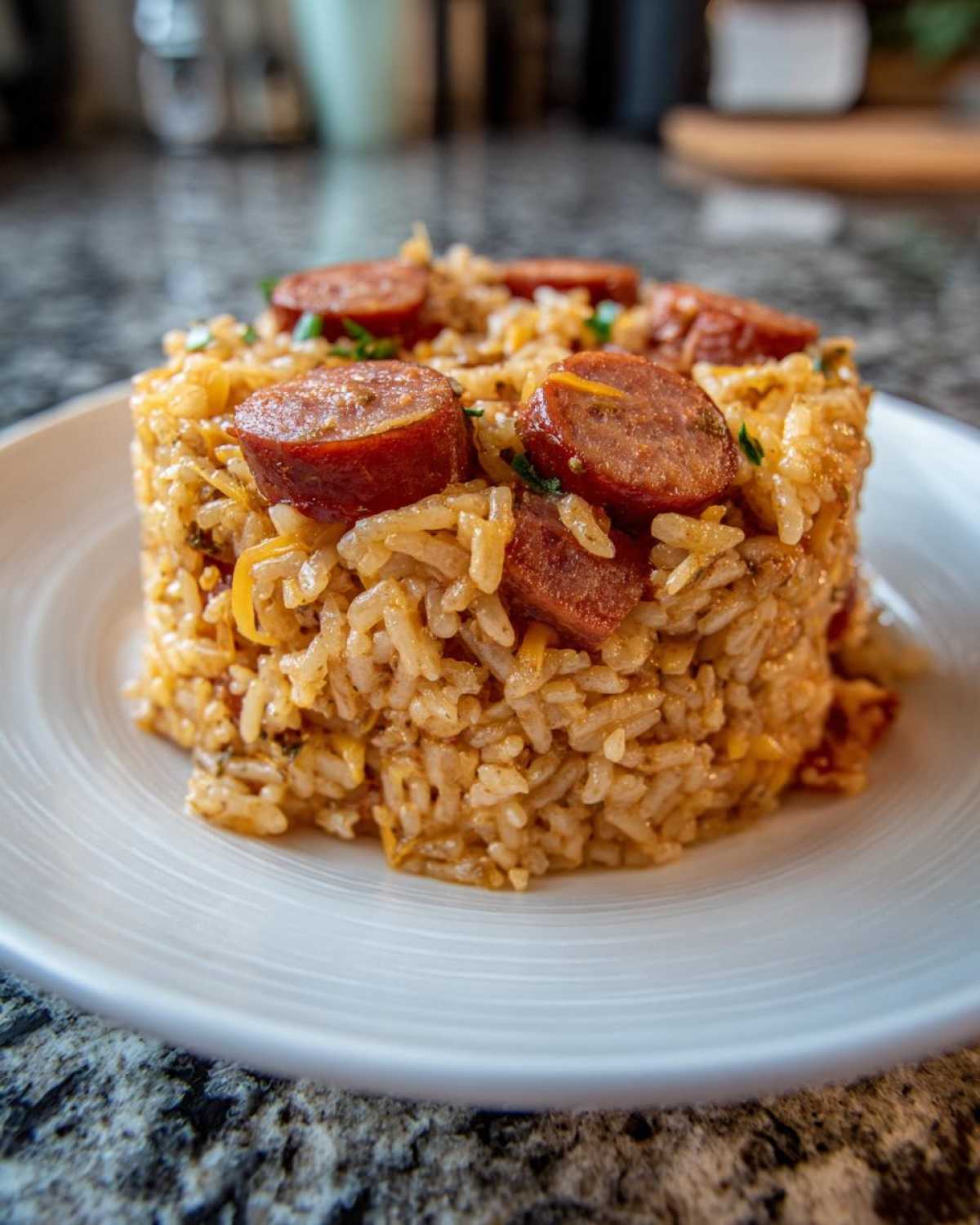 A molded serving of flavorful sausage and rice topped with sliced smoked sausage on a white plate.
