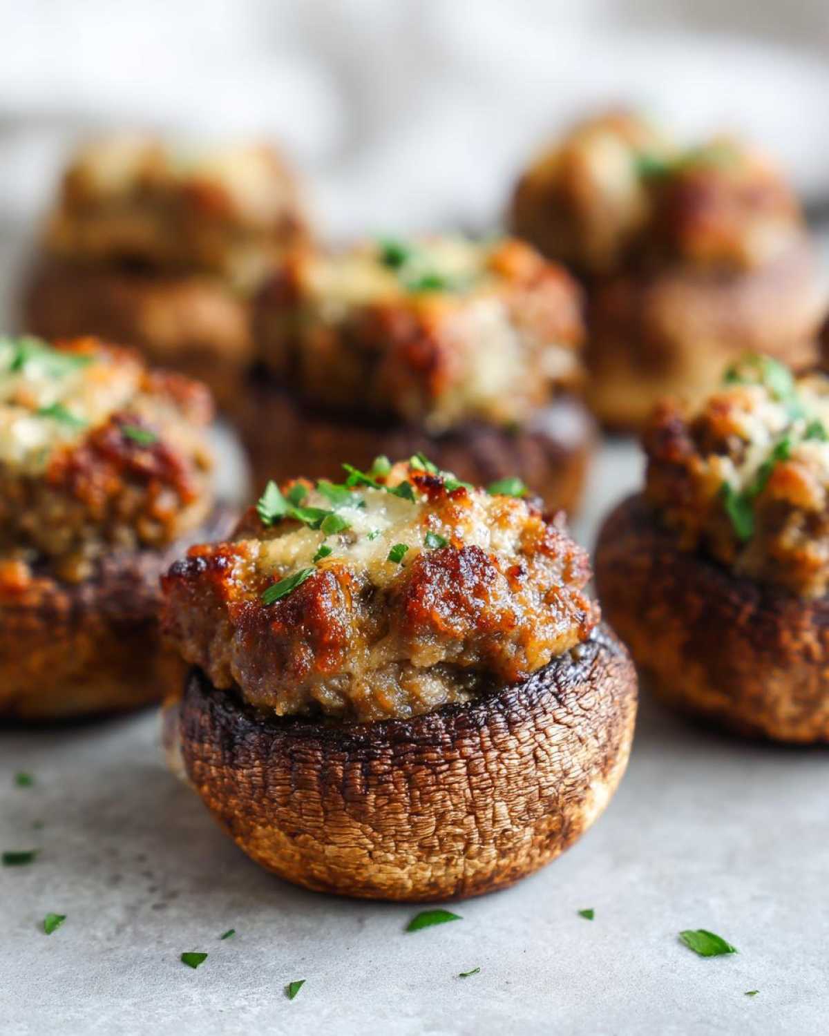A close-up of a perfectly baked sausage stuffed mushrooms appetizer topped with melted cheese and fresh parsley.