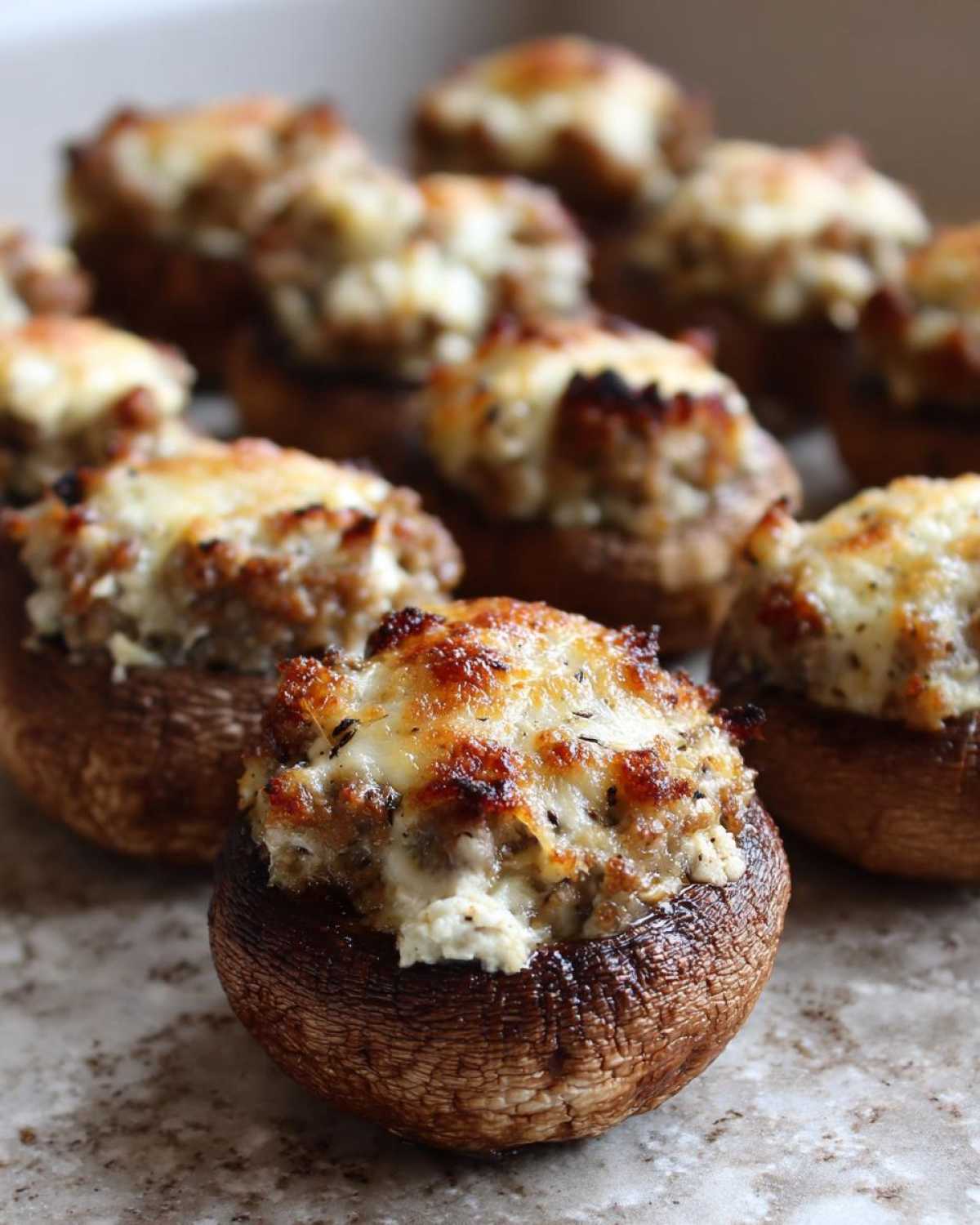 A close-up of freshly baked sausage stuffed mushrooms topped with melted, browned cheese.