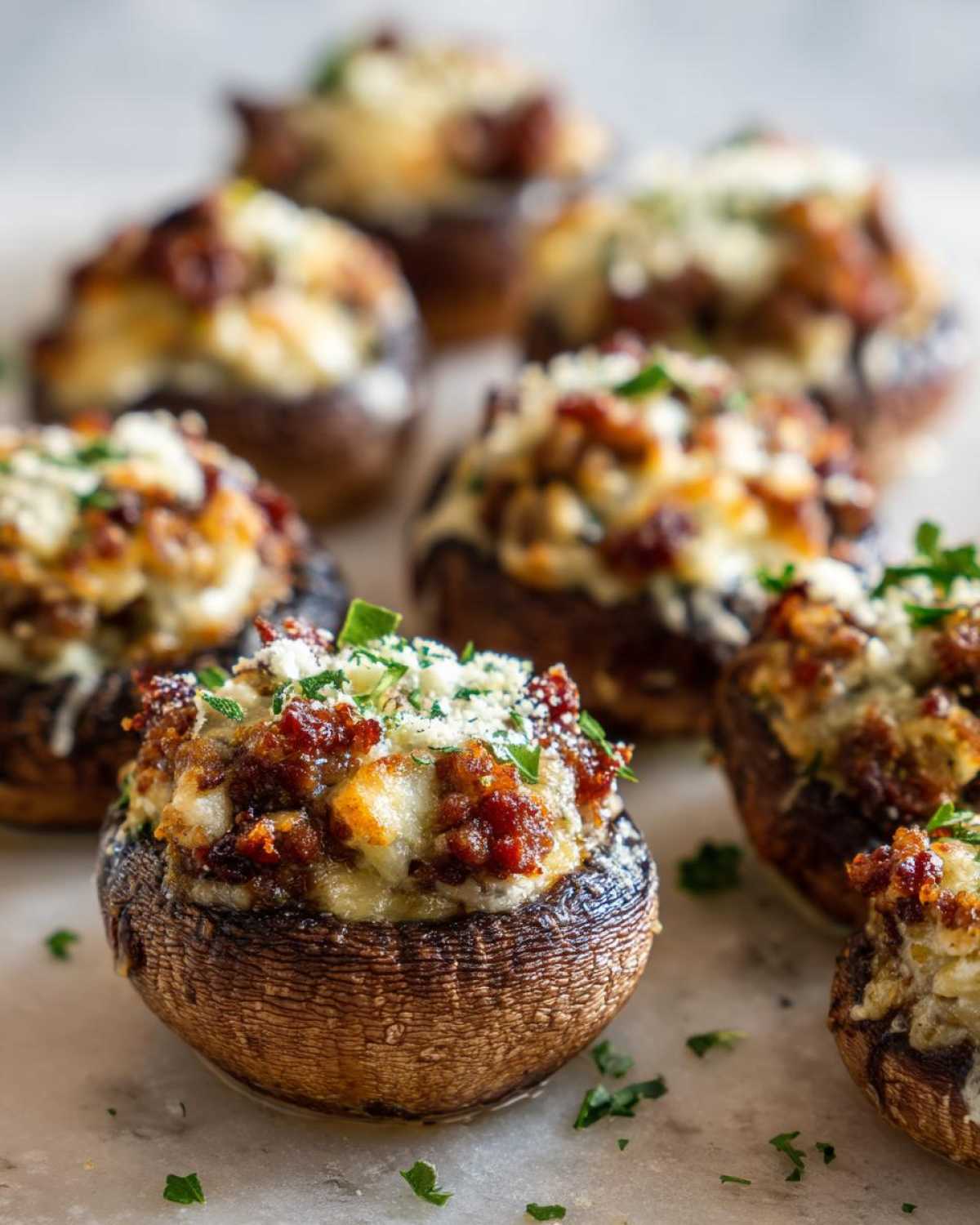 Close-up of baked sausage stuffed mushrooms topped with melted cheese and fresh parsley.