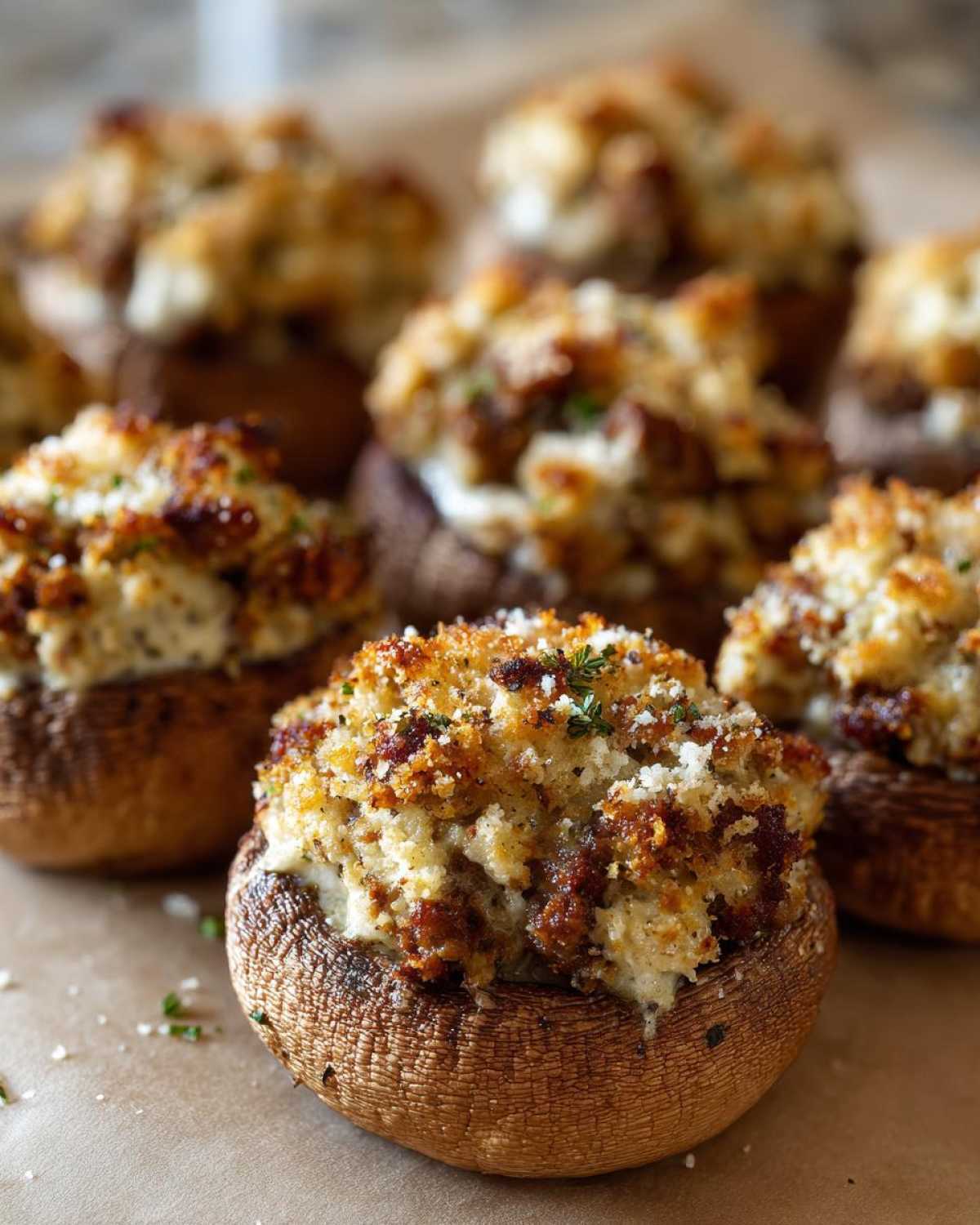 A close-up of freshly baked sausage stuffed mushrooms with a golden, crispy topping.