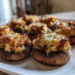Several perfectly baked sausage stuffed mushrooms with a golden, cheesy topping resting on a white platter.
