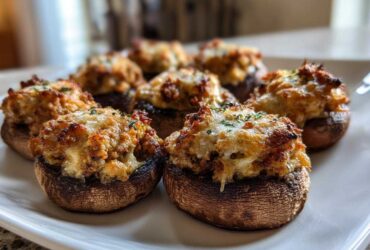 Several perfectly baked sausage stuffed mushrooms with a golden, cheesy topping resting on a white platter.