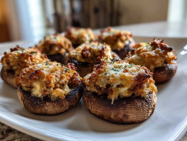 Several perfectly baked sausage stuffed mushrooms with a golden, cheesy topping resting on a white platter.
