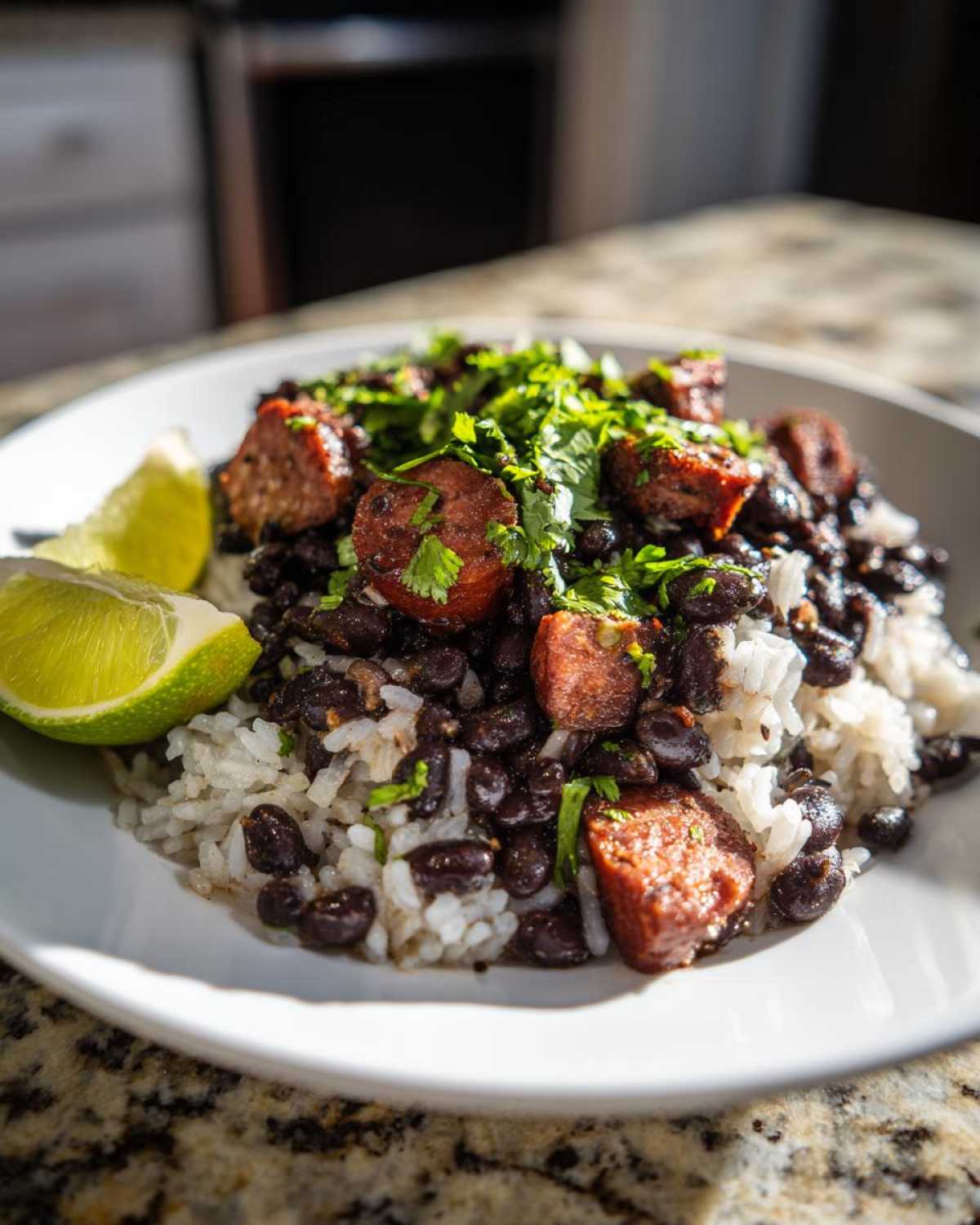 A close-up of savory black beans and rice topped with sausage chunks and fresh cilantro, served with lime wedges.