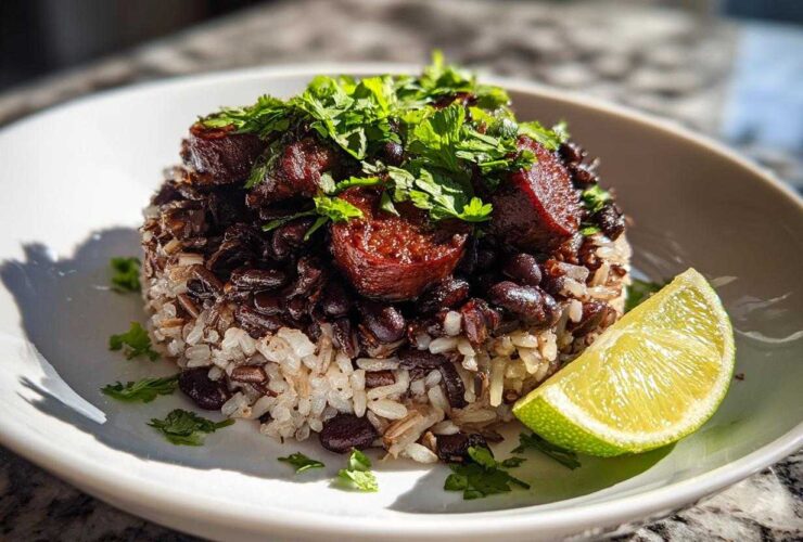 A beautifully plated serving of savory black beans and rice topped with sausage chunks and fresh cilantro, served with a lime wedge.